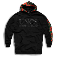 Black oversize hoodie with roses on the hood and sleeve