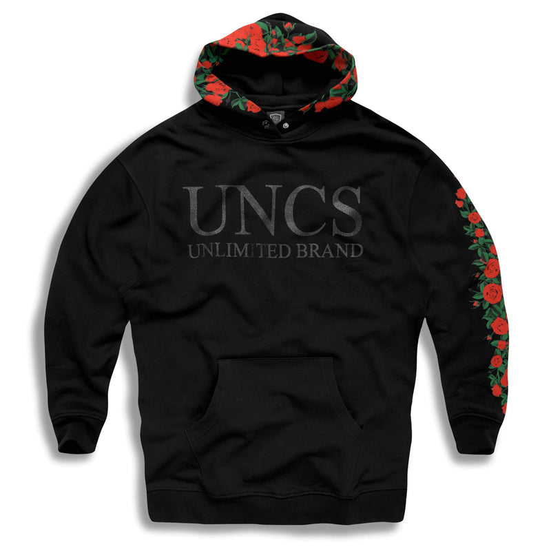 Black oversize hoodie with roses on the hood and sleeve